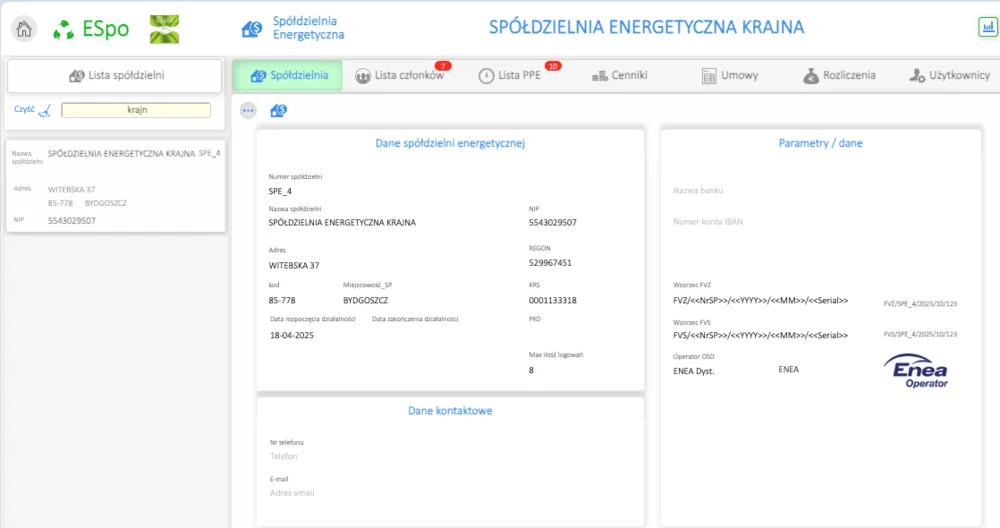 ESPO — karta danych spółdzielni energetycznej z modułami członków, PPE, cenników i rozliczeń