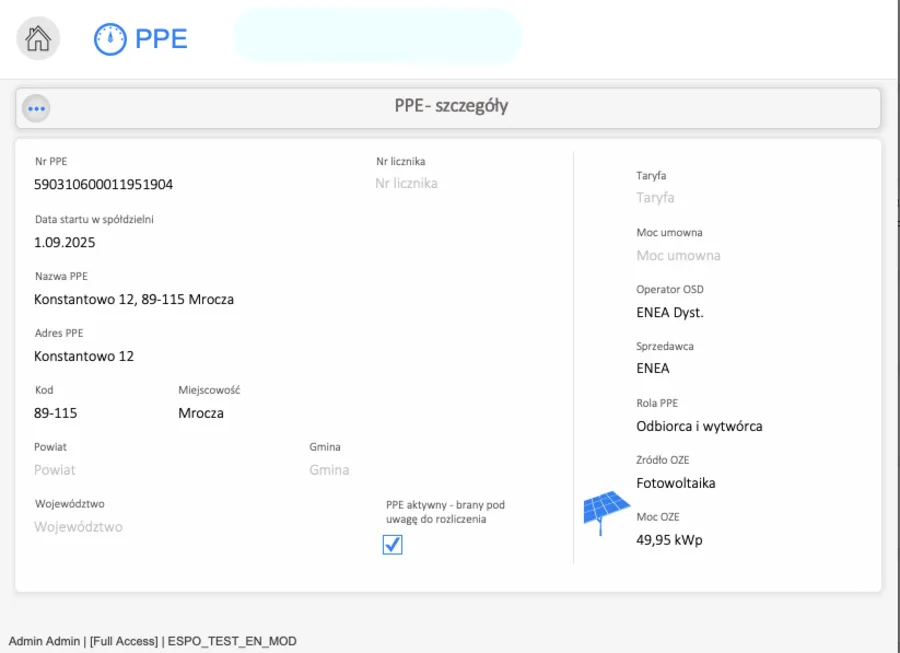 ESPO — panel punktu poboru energii (PPE) z danymi licznika i przypisaniem do członka spółdzielni